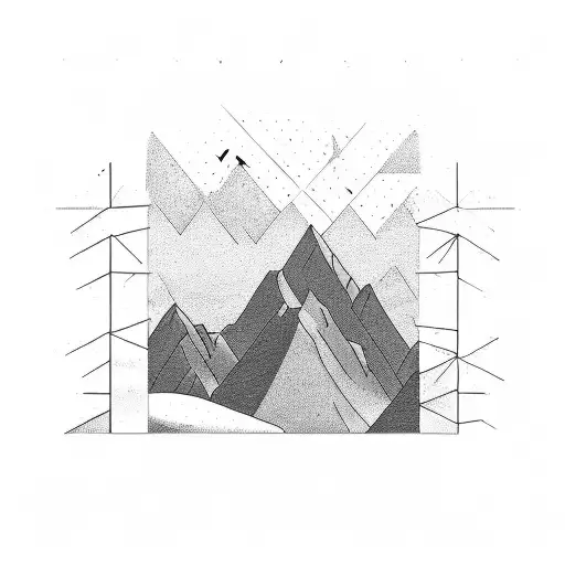 Illustrate a mountain landscape with hidden references to art galleries and museums tattoo design idea