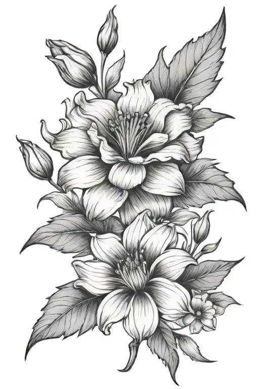 aster flower, morning glory flower, marigold flower, and narcissus flower tattoo design idea