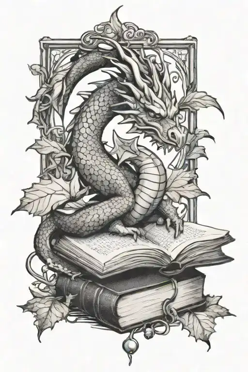 dragon and book and leaves  tattoo design idea