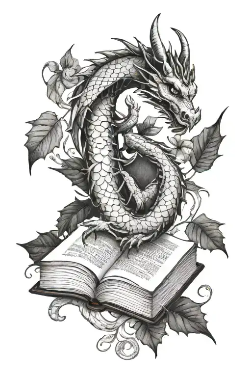 dragon and book and leaves  tattoo design idea