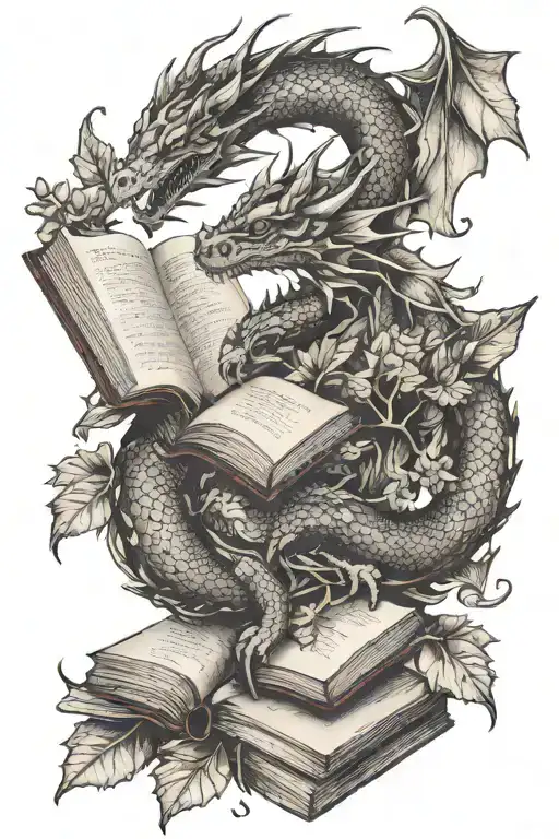 dragon and book and leaves intertwined tattoo design idea