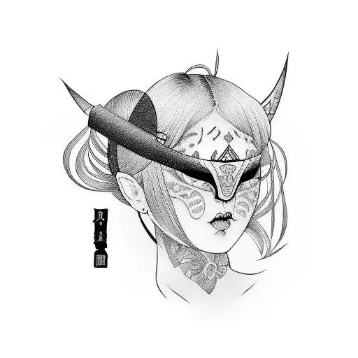 Girl in a Japanese mask with a bat tattoo design idea