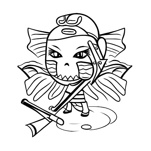 Girl in a Japanese mask with a bat tattoo design idea