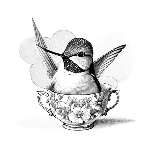 hummingbird sitting on a teacup that has a skull painted on the cup  tattoo design idea
