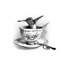 hummingbird sitting on a teacup that has a skull painted on the cup  tattoo design idea