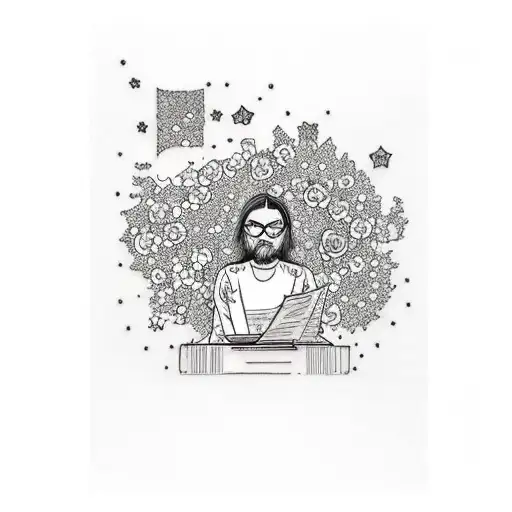 A realistic tattoo of a psychologist sitting under a starry sky, surrounded by blooming flowers tattoo design idea
