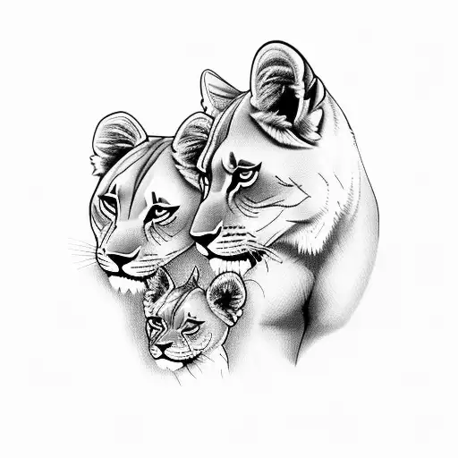 a lioness with 2 cubs tattoo design idea