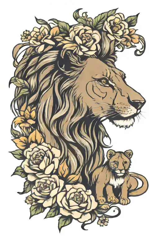 mom lion with 3 baby lions and flowers   tattoo design idea