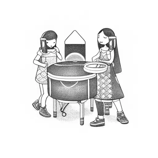 a father and two daughters playing videogames. it also shows a rocket and a drum set. tattoo design idea