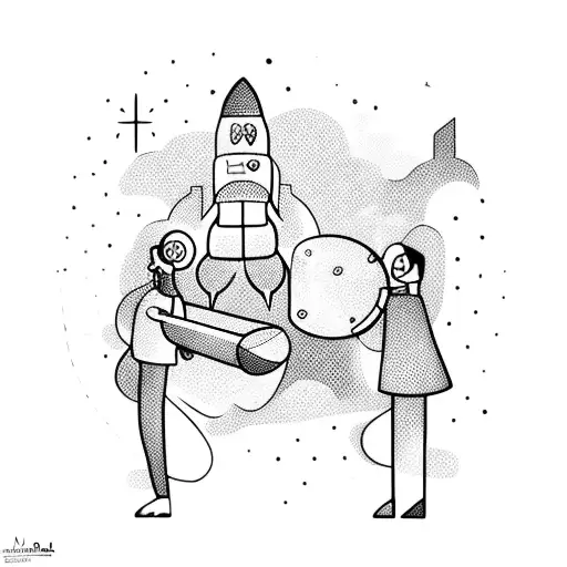 a father and two daughters playing videogames. it also shows a rocket and a drum set. tattoo design idea