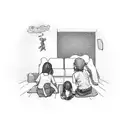 a father and two daughters sitting on the floor, seen from behind playing videogames. there is also a rocket and a drum  tattoo design idea