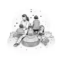 a father and two daughters sitting on the floor, seen from behind playing videogames. there is also a rocket and a drum  tattoo design idea