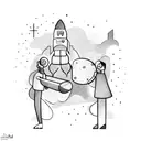 a father and two daughters playing videogames. it also shows a rocket and a drum set. tattoo design idea