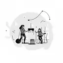 a father and two daughters playing videogames. it also shows a rocket and a drum set. tattoo design idea