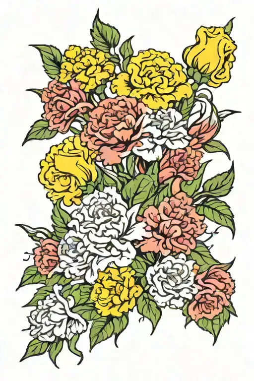 bouquet of carnations, daffodils and marigolds  tattoo design idea