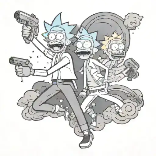 A Rick and Morty themed tattoo featuring the characters in a fight scene. make ricks hair red. put some stars in back tattoo design idea