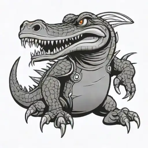 A Gator mascot design with a hacker theme, incorporating computer code elements tattoo design idea