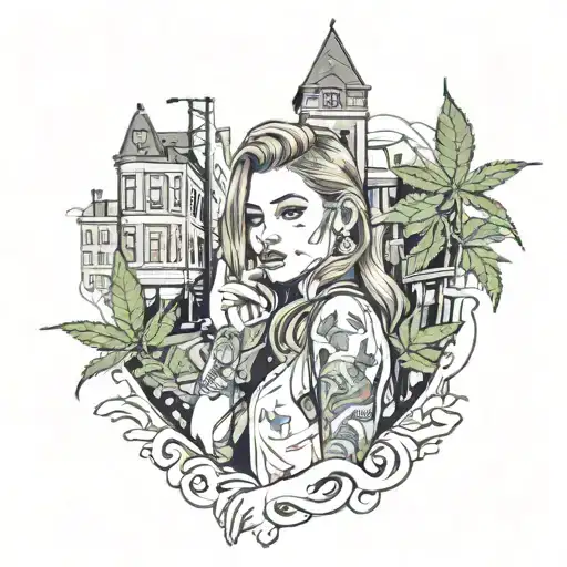 city street with cute girl and marijuana leaf tattoo design idea