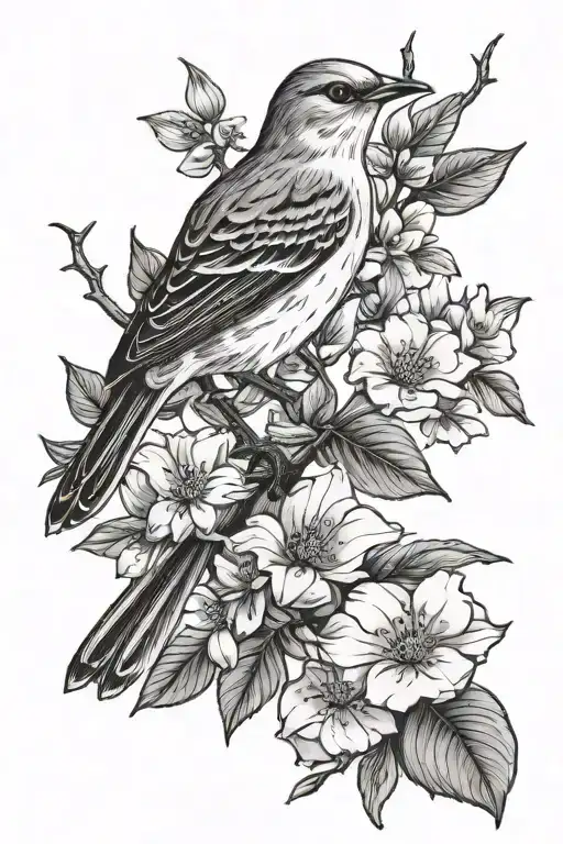 Mocking Bird and Dogwood Flowers tattoo design idea