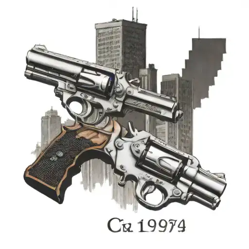 A tattoo design featuring a 1979 Cutlass and a 357 Smith and Wesson revolver intertwined, with a backdrop of downtown Tacoma, Washington tattoo design idea