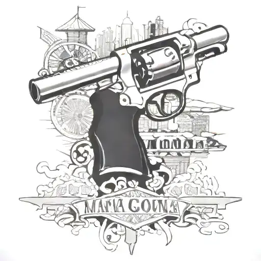 Create a tattoo featuring a 357 magnum revolver and downtown Tacoma, Washington skyline tattoo design idea