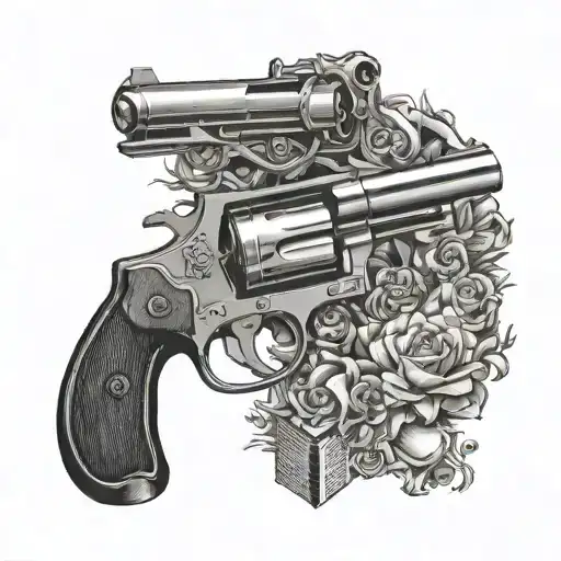 A tattoo design featuring a 1979 Cutlass  a smith wesson 357 magnum revolver 4 inch barrel and the view of downtown Tac tattoo design idea