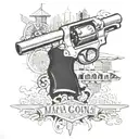 Create a tattoo featuring a 357 magnum revolver and downtown Tacoma, Washington skyline tattoo design idea