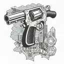 Create a tattoo featuring a 357 magnum revolver and downtown Tacoma, Washington skyline tattoo design idea