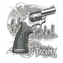 Create a tattoo featuring a 357 magnum revolver and downtown Tacoma, Washington skyline tattoo design idea