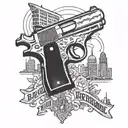 Create a tattoo featuring a 357 magnum revolver and downtown Tacoma, Washington skyline tattoo design idea