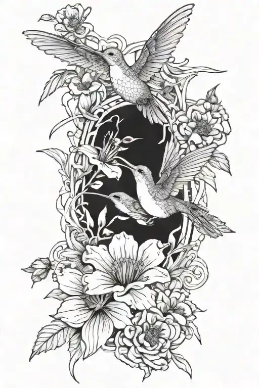 vines wrapped hummingbird mums poppy flowers honeysuckle  tattoo design idea