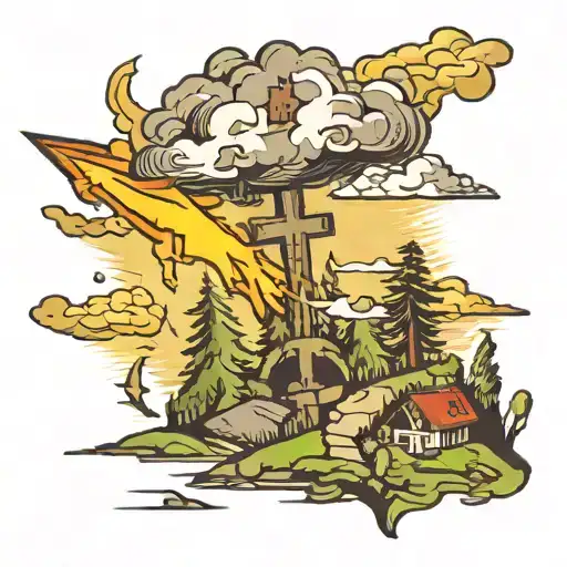 Lightning Bolt hitting a Cross on a hillside forest tattoo design idea