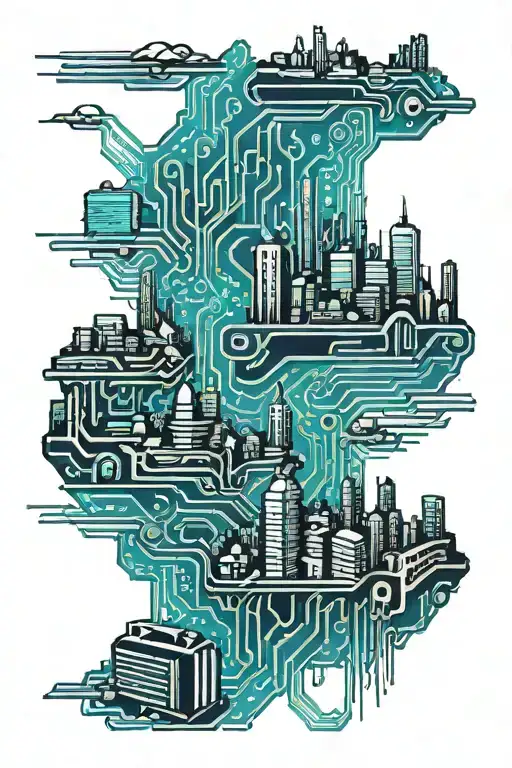 A cityscape skyline with circuit board patterns integrated throughout, symbolizing the blend of technology and urban life tattoo design idea
