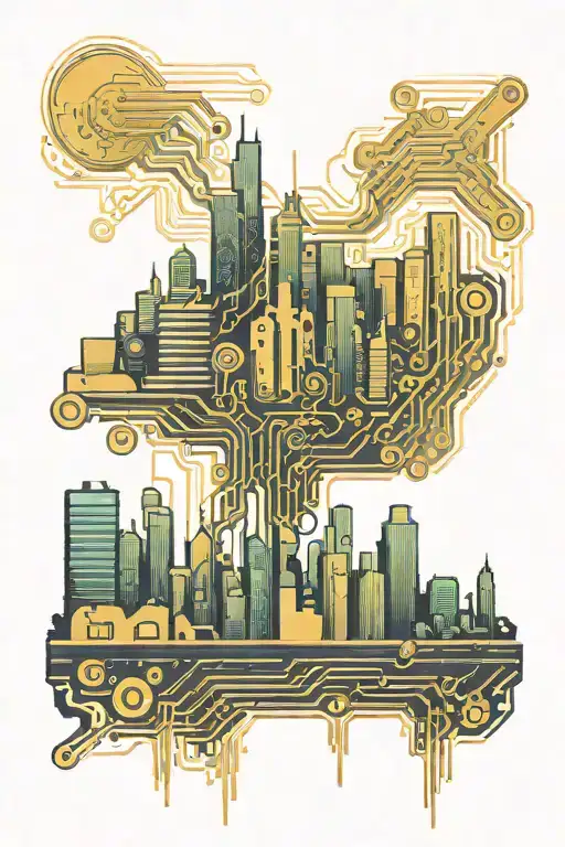 A cityscape skyline with circuit board patterns integrated throughout, symbolizing the blend of technology and urban life tattoo design idea