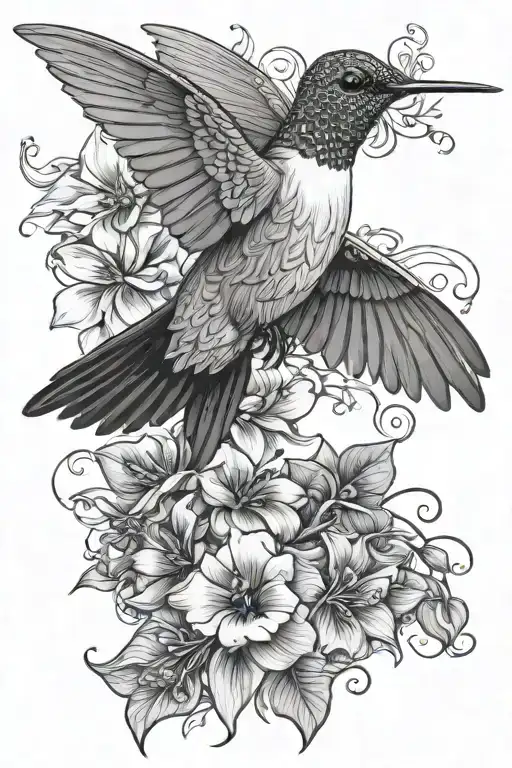 humming bird and flowers tattoo design idea
