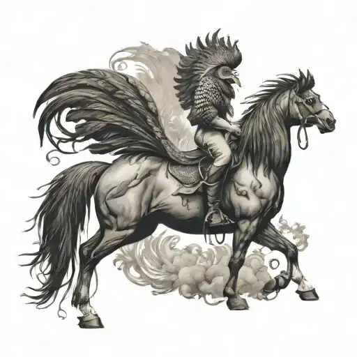 horse standing on hind legs  alongside a rooster flying tattoo design idea