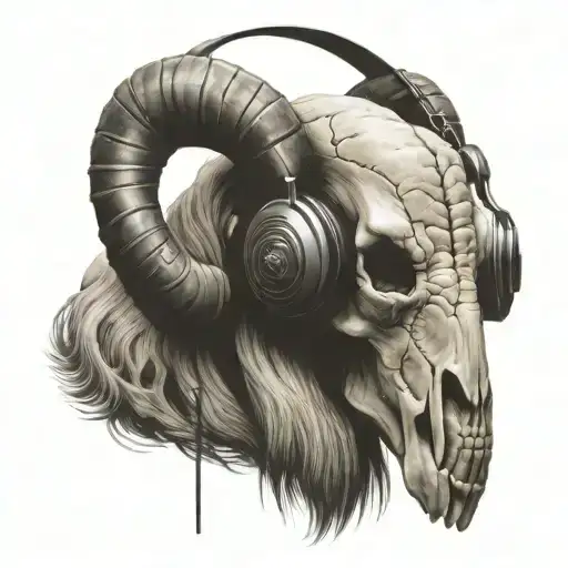 Ram skull long horns  wearing headphones tattoo design idea