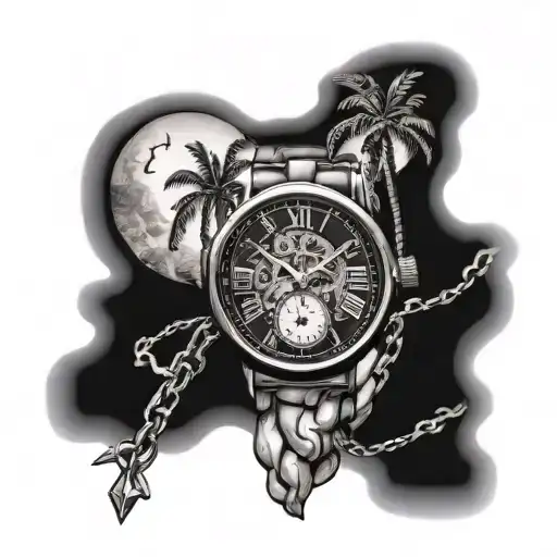 palm trees, broken timepiece, broken chains and palm trees   tattoo design idea