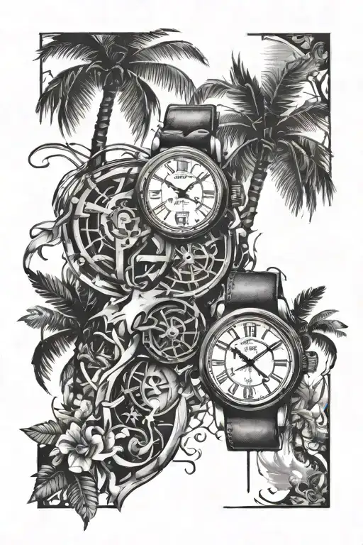 palm trees, broken timepiece, broken chains and kickboxer tattoo design idea