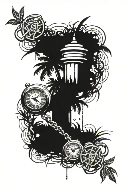 palm trees, broken timepiece, broken chains and Muay Thai    tattoo design idea