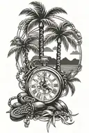palm trees, broken timepiece, broken chains and kickboxing tattoo design idea