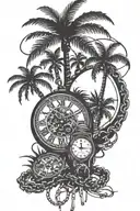 palm trees, broken timepiece, broken chains and kickboxing tattoo design idea