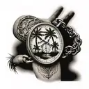 palm trees, broken timepiece, broken chains and palm trees   tattoo design idea