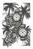 palm trees, broken timepiece, broken chains and kickboxer tattoo design idea