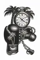 palm trees, broken timepiece, broken chains and boxing glove  tattoo design idea