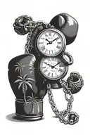 palm trees, broken timepiece, broken chains and boxing glove  tattoo design idea