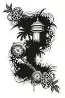 palm trees, broken timepiece, broken chains and Muay Thai    tattoo design idea