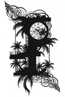 palm trees, broken timepiece, broken chains and Muay Thai    tattoo design idea