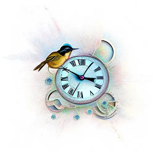 wren bird with a clock at 11:29 tattoo design idea
