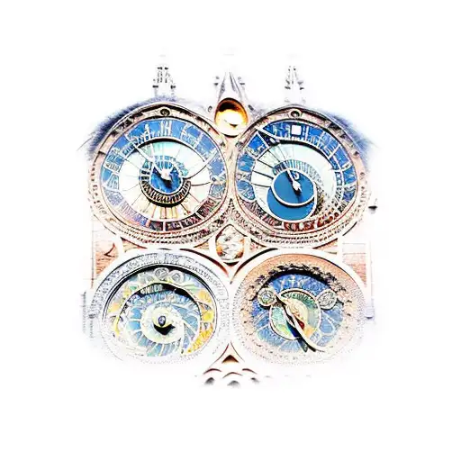 combination of Prague astronomical clock with NYC skyline tattoo design idea